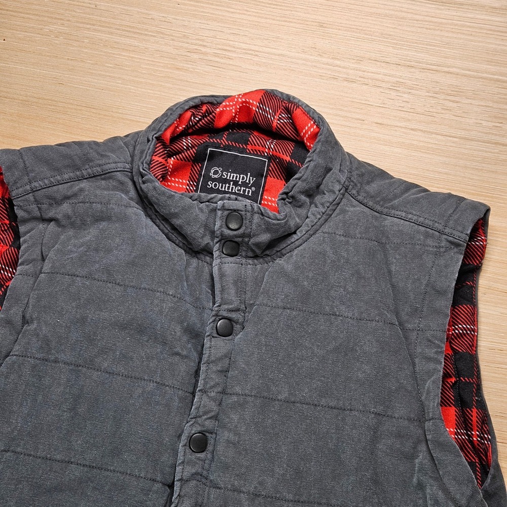 Simply Southern Puffer Vest Men XL Gray Quilted Flannel Lined Snap Outerwear‎